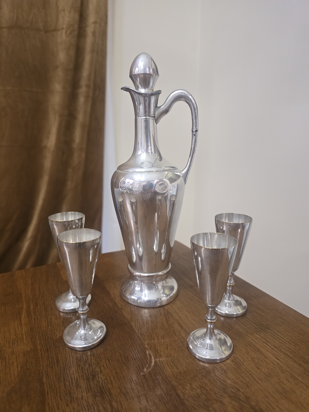 Vintage Crescent Silver Plate Model 773 Cruet Pitcher & 4 Cups Set 10 Tall MCM